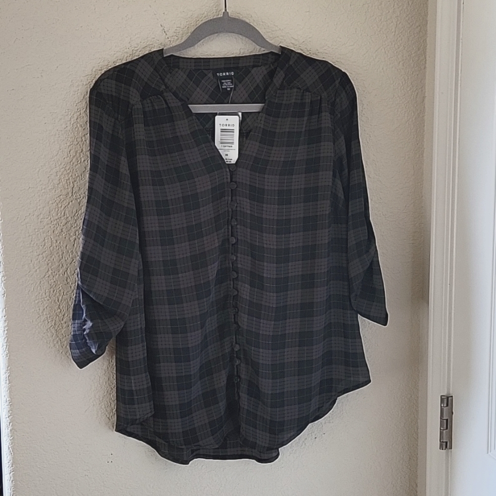 Torrid Black Plaid Buttoned-Up Blouse